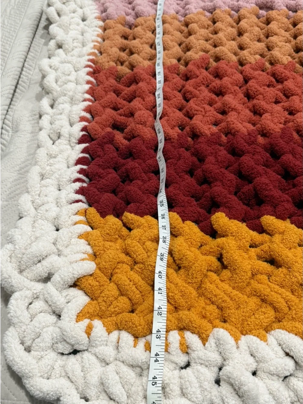Handmade Chunky Knit Sunset Colors Stripe White Border Throw/Lap Blanket 47”x38”